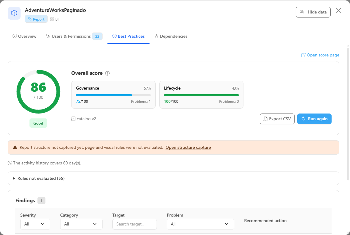 Best Practices tab of a paginated report details modal with the score and the findings