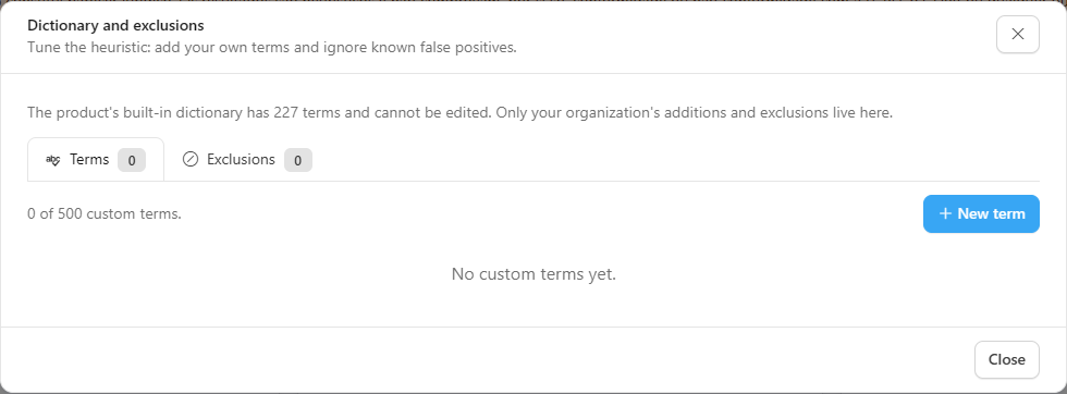 Dictionary and exclusions window with the Terms and Exclusions tabs