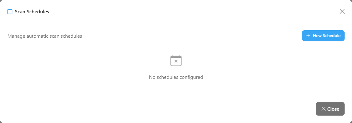 Scan Schedules modal with the list of schedules and the per-row actions