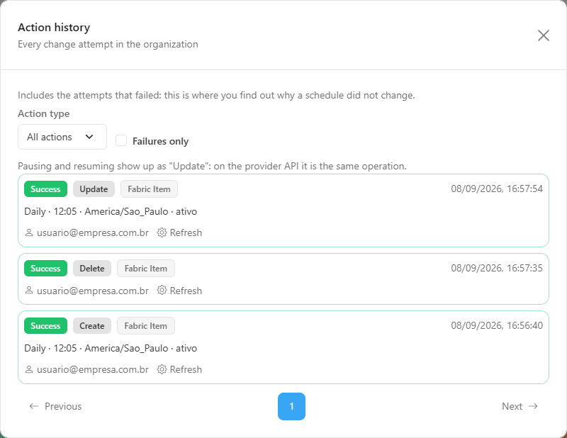 Schedule Action history window
