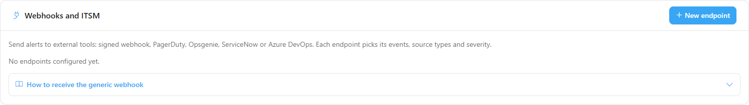 Webhooks and ITSM card with the list of endpoints, the status of the last delivery and the Test, Deliveries, Edit and Delete buttons
