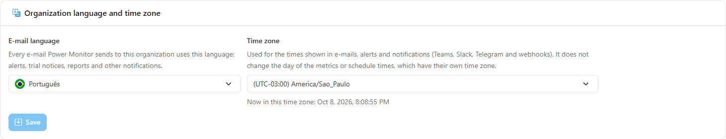 Organization language and time zone card with the E-mail language and Time zone fields