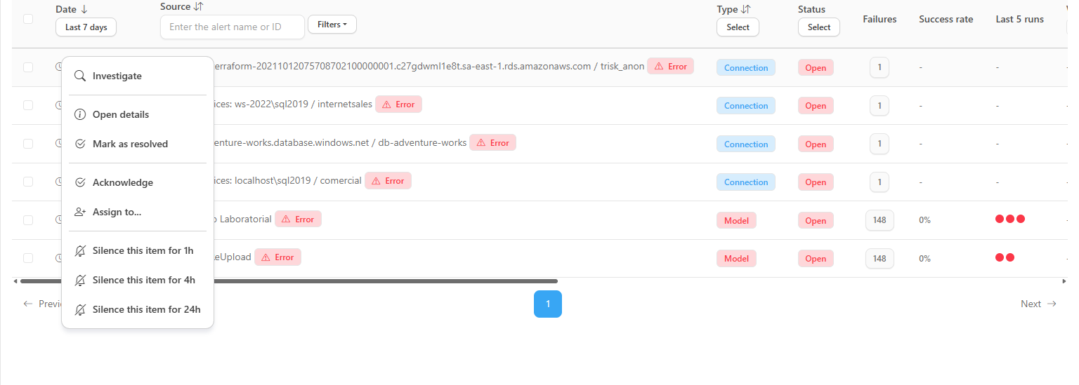Action menu of an open error alert with Investigate, Open details, Mark as resolved, Acknowledge, Assign and Silence
