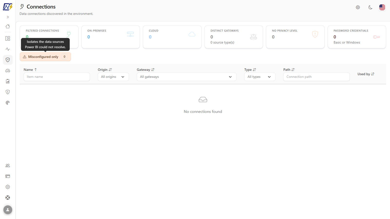 Misconfigured only button active, with the tooltip explaining the filter; in this example no connection is misconfigured and the table shows No connections found