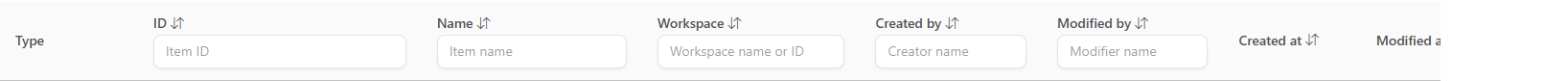 Storage table header with the columns and the text filter boxes