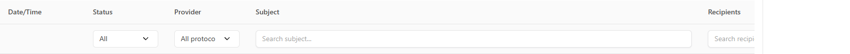 Filter row with Status, Provider, Search subject, and Search recipient