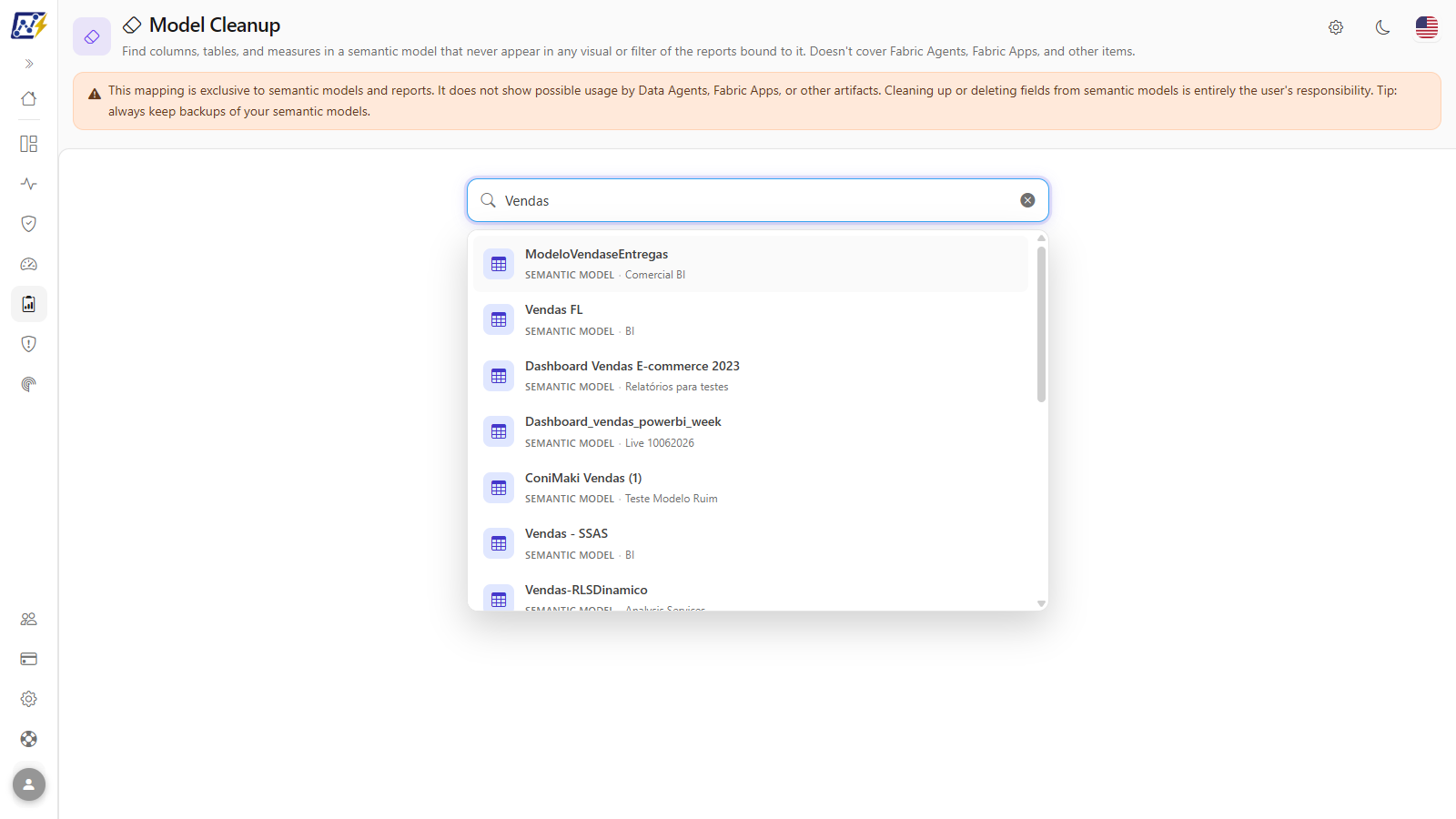 Search semantic model field with the suggestions list open
