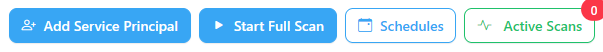 Bar with the Add Service Principal, Start Full Scan, Schedules and Active Scans buttons