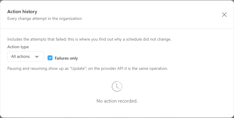 Action history with the Failures only option checked