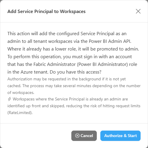 Add Service Principal to Workspaces modal with the explanation of the operation and the Authorize & Start button