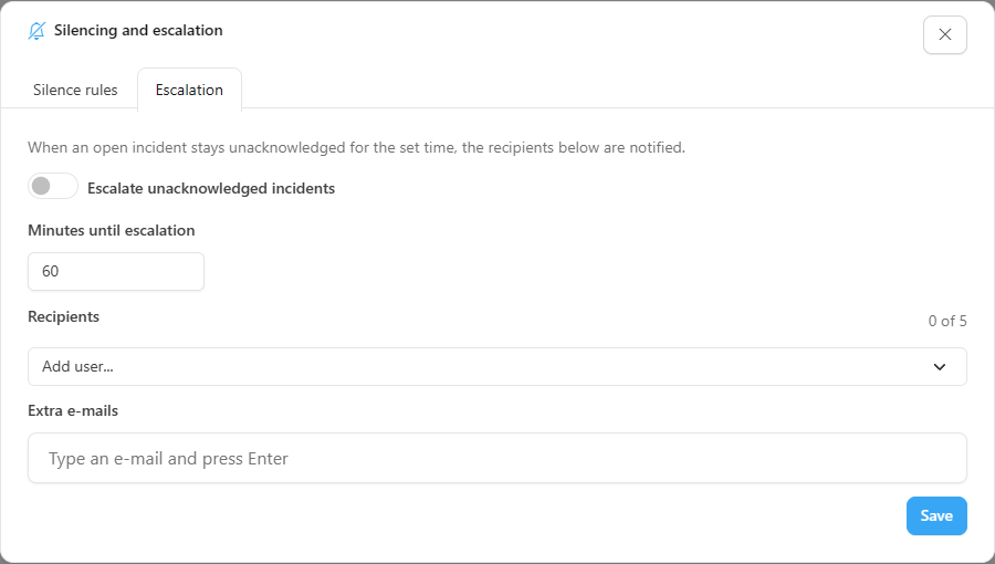 Escalation tab with the enable option, the minutes until escalation and the recipients