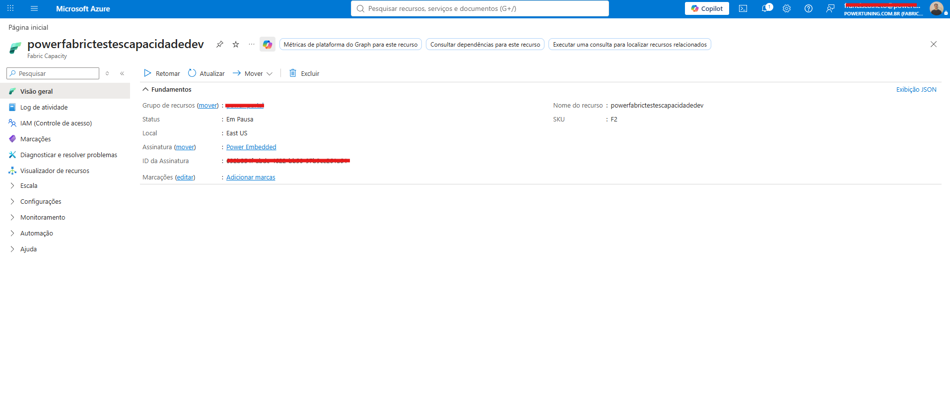 Searching for the capacity in the Azure portal