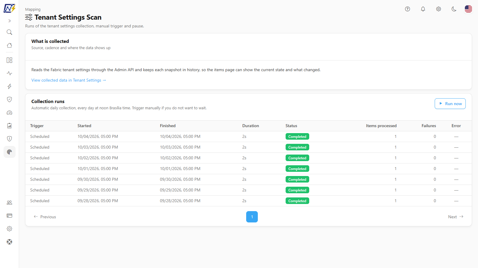 Tenant Settings screen with the What is collected card and the Collection runs card