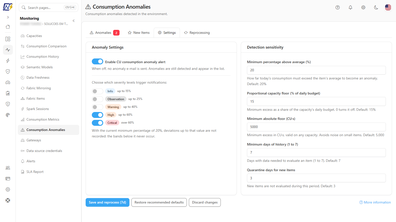 Settings tab of Consumption Anomalies