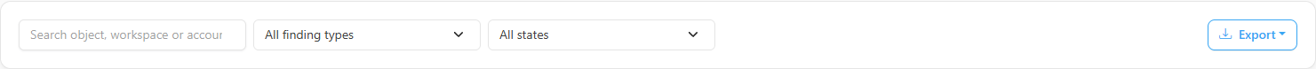 Bar with the search, the Finding type and Account state filters and the Export button