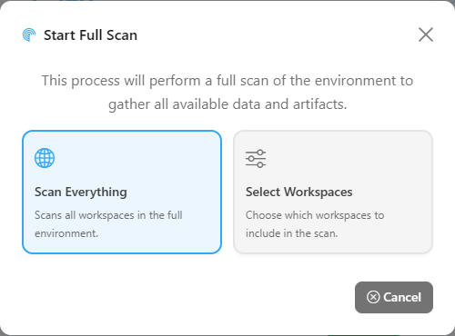 Start Full Scan modal with the Scan Everything and Select Workspaces options