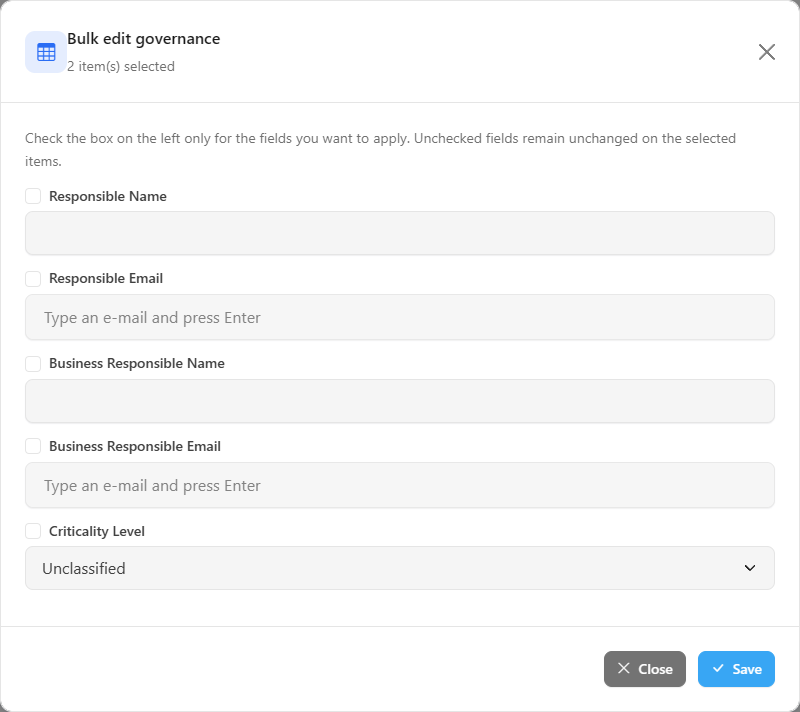 Bulk edit governance modal with the Include this field checkboxes