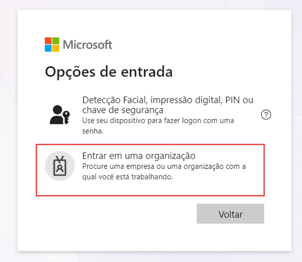 Sign in to an organization option
