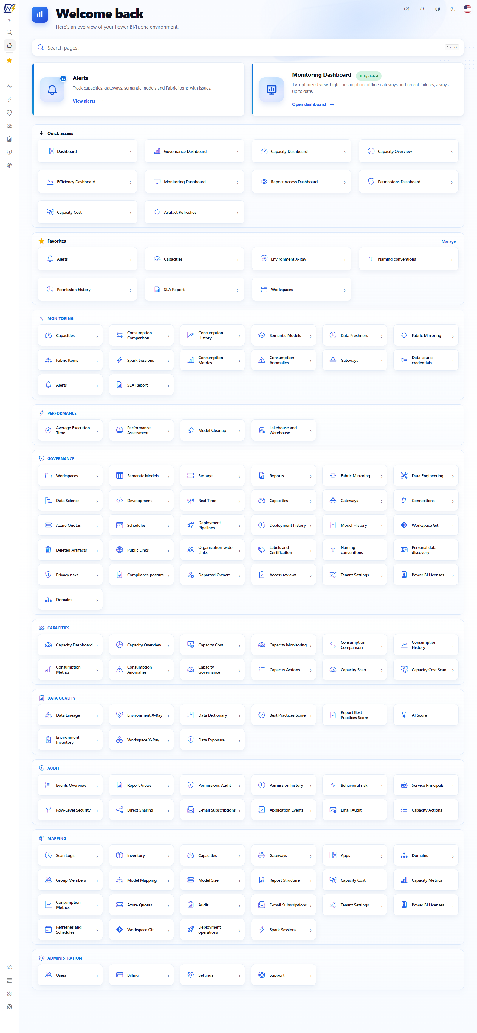 Home page with the search field at the top and the Favorites section after Quick access