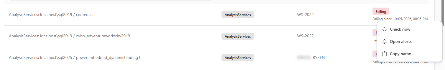 Actions menu open over a data source with the Check now, Open alerts, and Copy name options