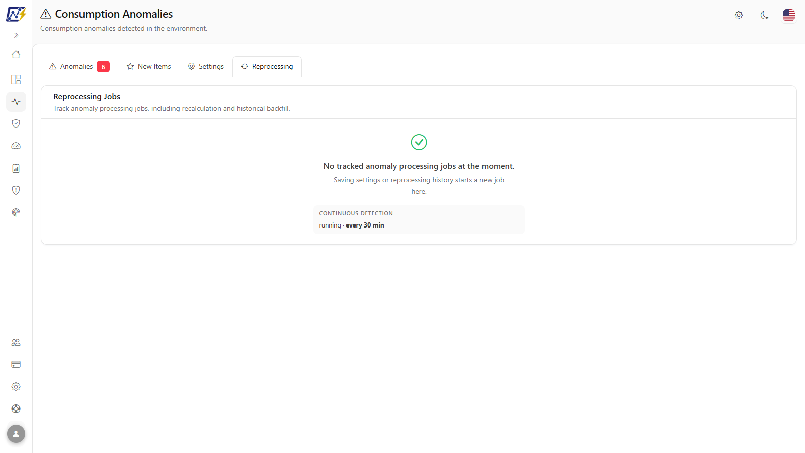Reprocessing tab with the list of anomaly recalculation jobs
