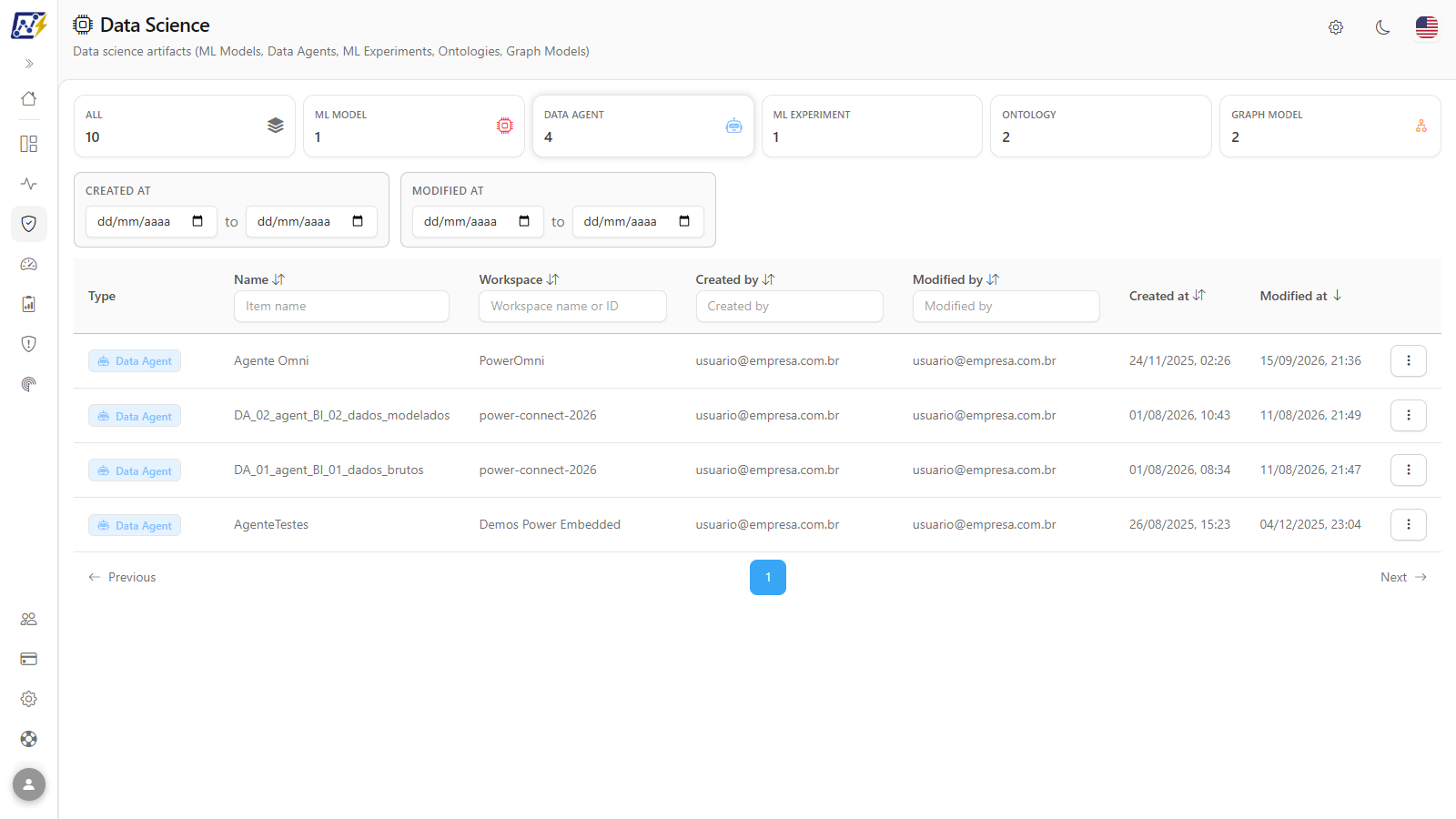 Data Agent card selected and table filtered to that type