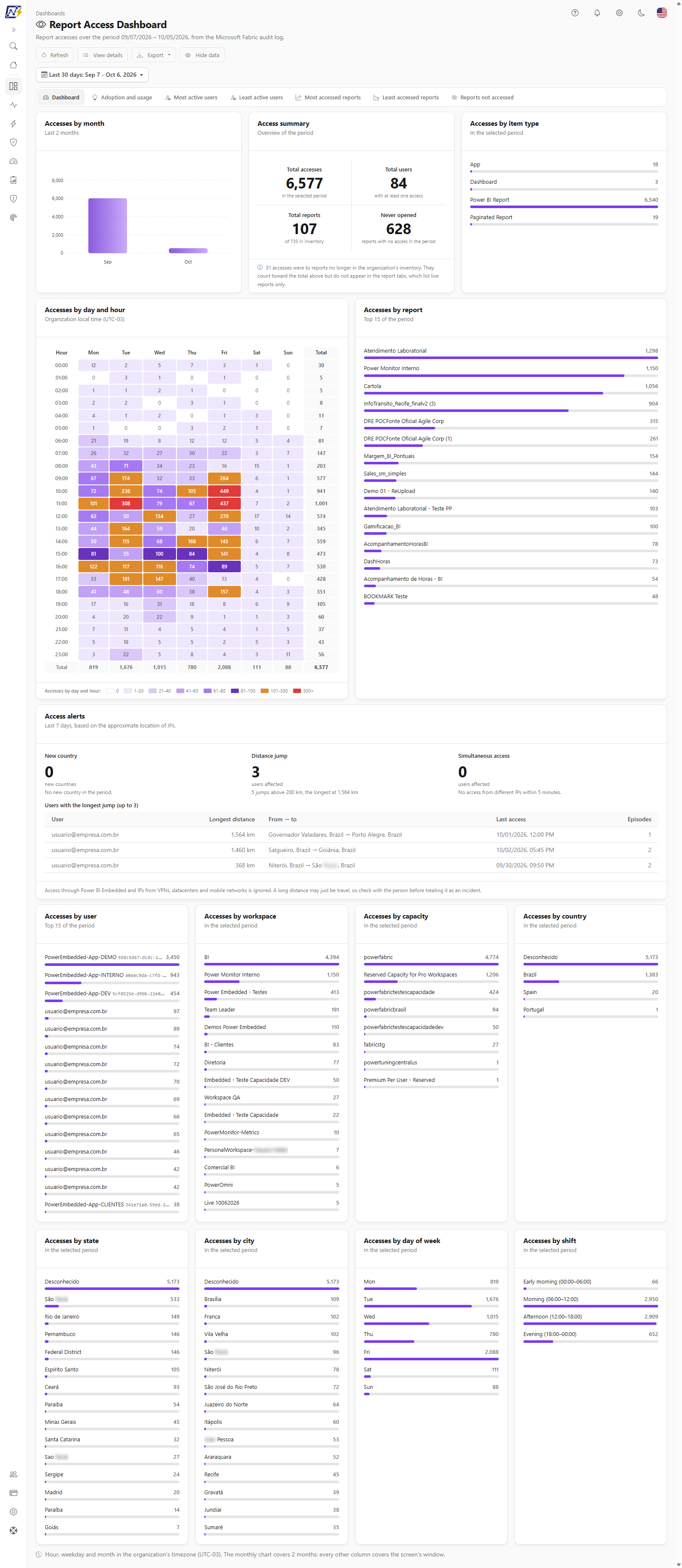 Report Access Dashboard with the monthly chart, access summary and heatmap by day and hour