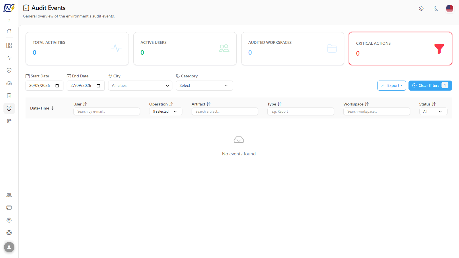 Critical Actions card highlighted with the funnel icon, the Operation filter with the critical operations selected, and the Clear filters button with a counter