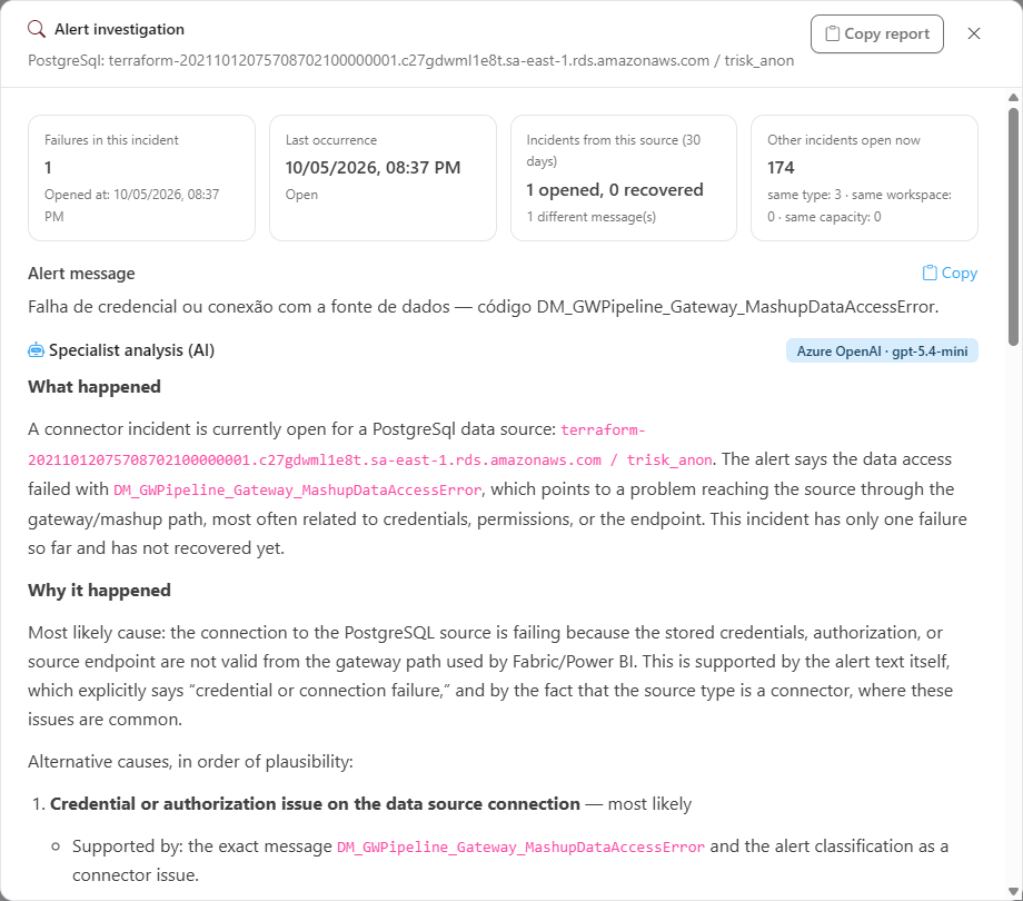 Alert investigation modal with the technical dossier and the AI analysis