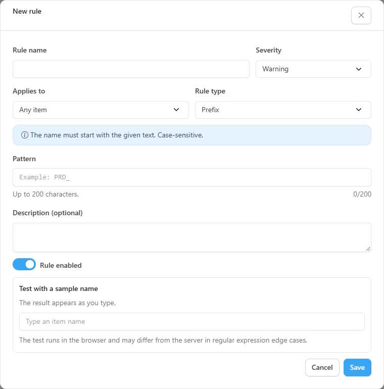 Naming rules window with the list of rules, the switch of each rule and the New rule form with the sample name test