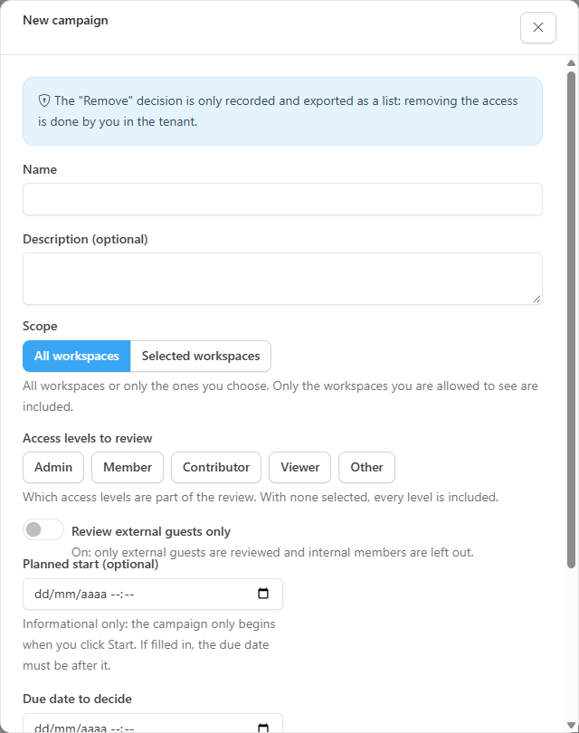 New campaign window with the Name, Description, Scope, Workspaces, Access levels to review, Review external guests only, Planned start and Due date to decide fields