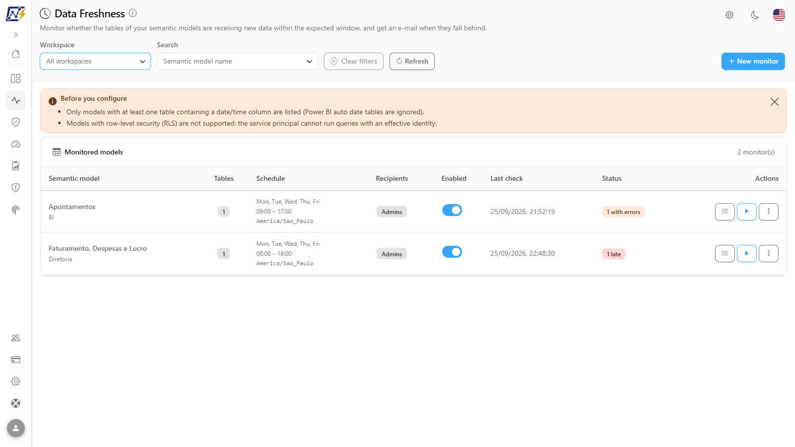 Workspace filter open with a search field and a list of workspaces to check