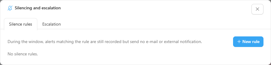 Silencing and escalation modal on the Silence rules tab