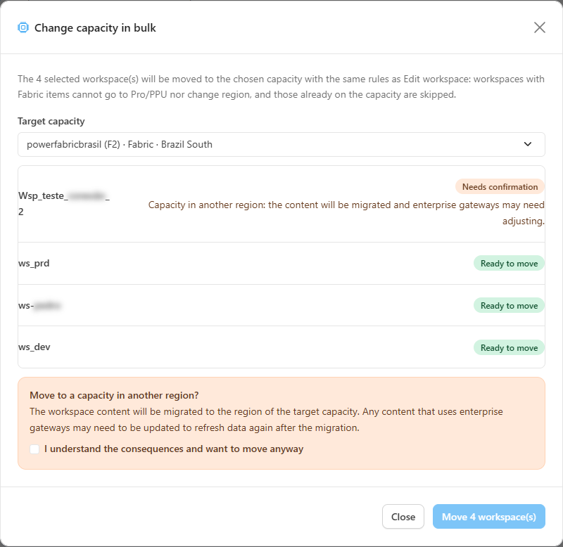 Change capacity in bulk modal with the Target capacity chosen and the list of workspaces with the Ready to move, Needs confirmation, Blocked and Already on this capacity statuses