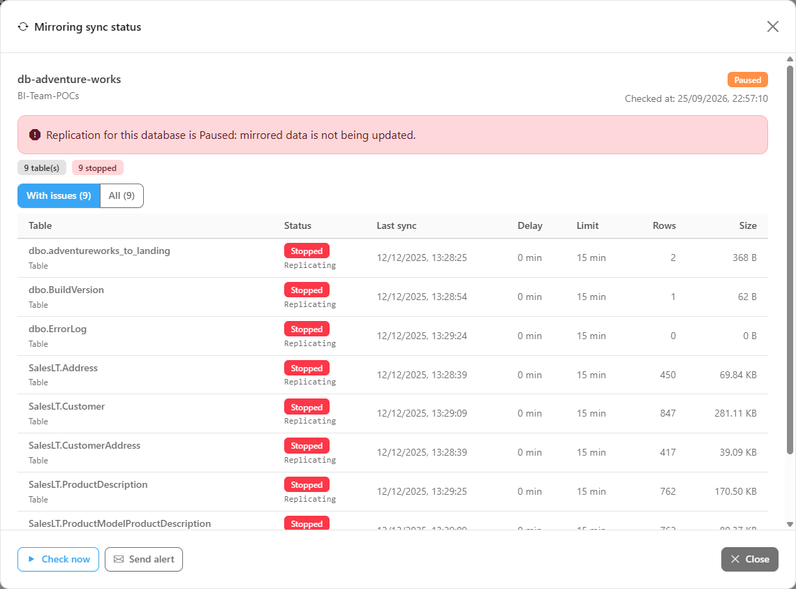 Mirroring sync status modal filtered on With issues