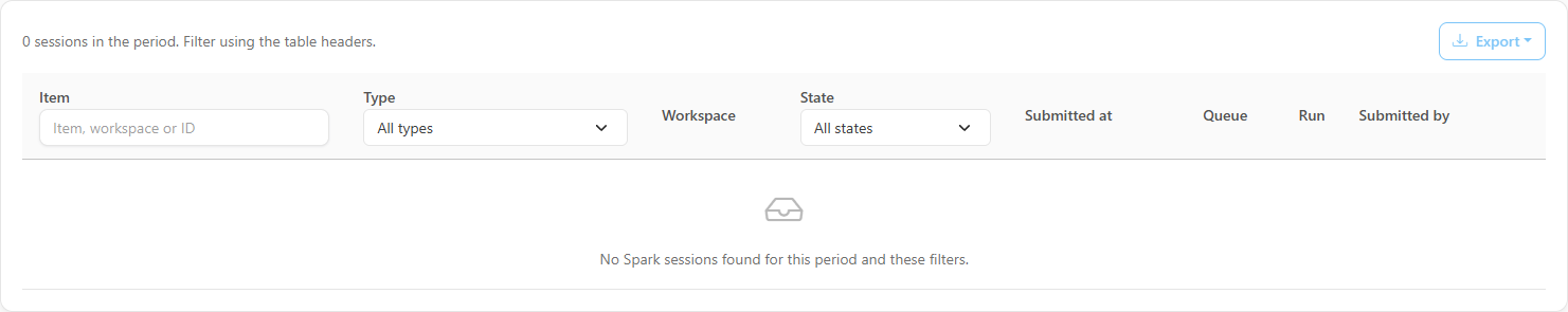 Spark sessions table with the actions menu open over a row