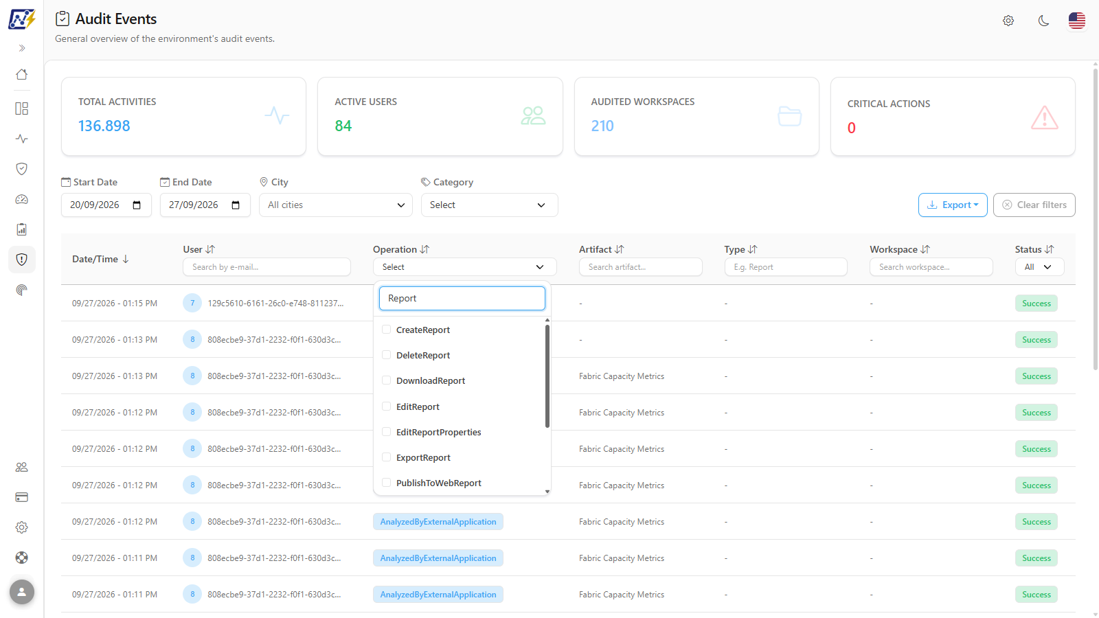 Operation selector open with the search and the operations found