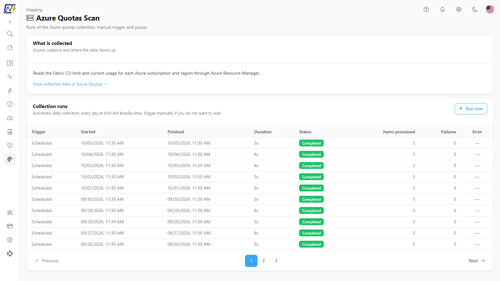 Azure Quotas screen with the What is collected card and the Collection runs card