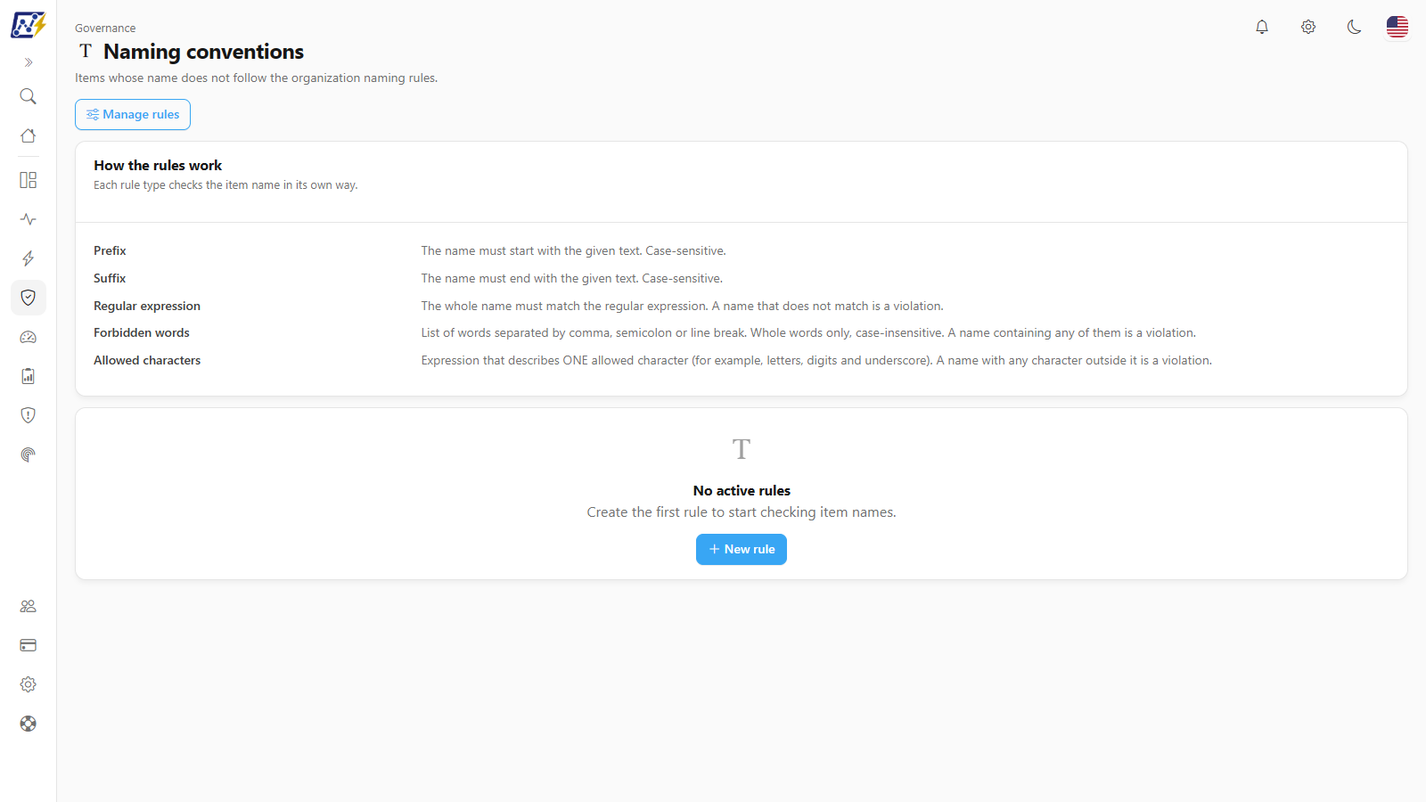 Naming conventions screen with the Violations, Active rules and Items evaluated cards, the By rule and By item type charts and the list of violations