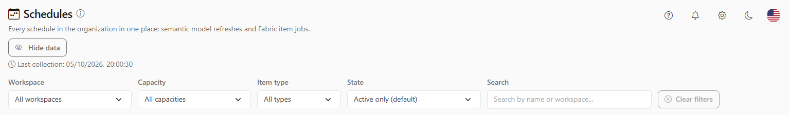 Schedules screen header with Last collection and the filter row