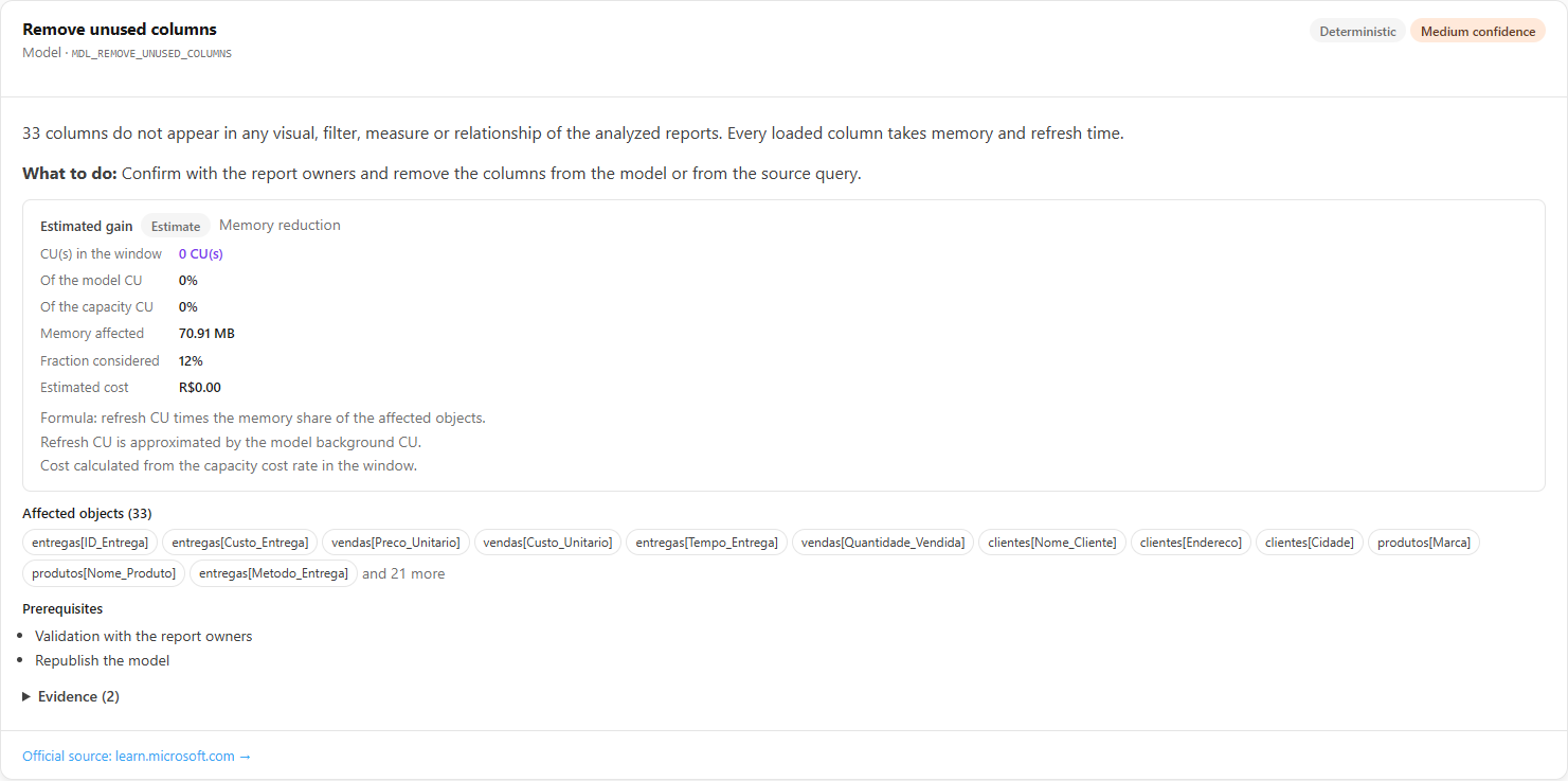 Recommendation card with badges, estimated gain, affected objects and prerequisites