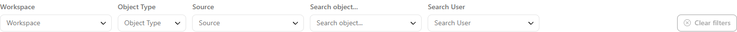 Workspace, Object Type, Source, Object, and User filter bar with the Clear filters button