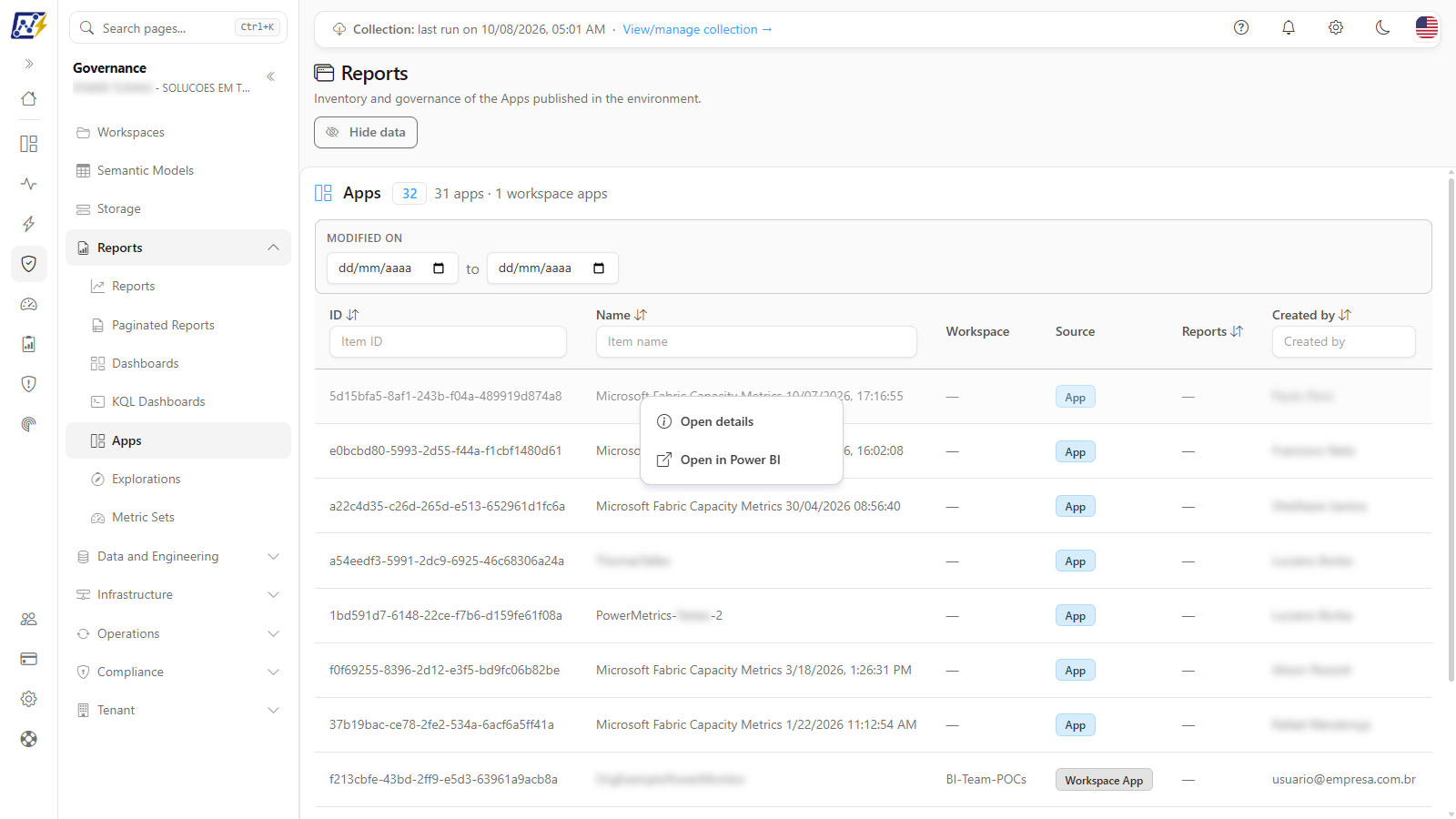 Actions menu of a Power BI App with the Open details and Open in Power BI options