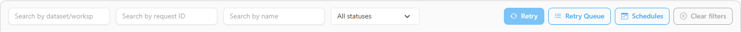 Filter bar with the search fields, the status list, and the Retry, Retry Queue, Schedules, and Clear filters buttons