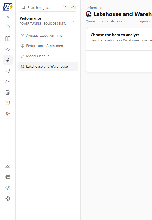 Performance module menu open with the four screens of the domain
