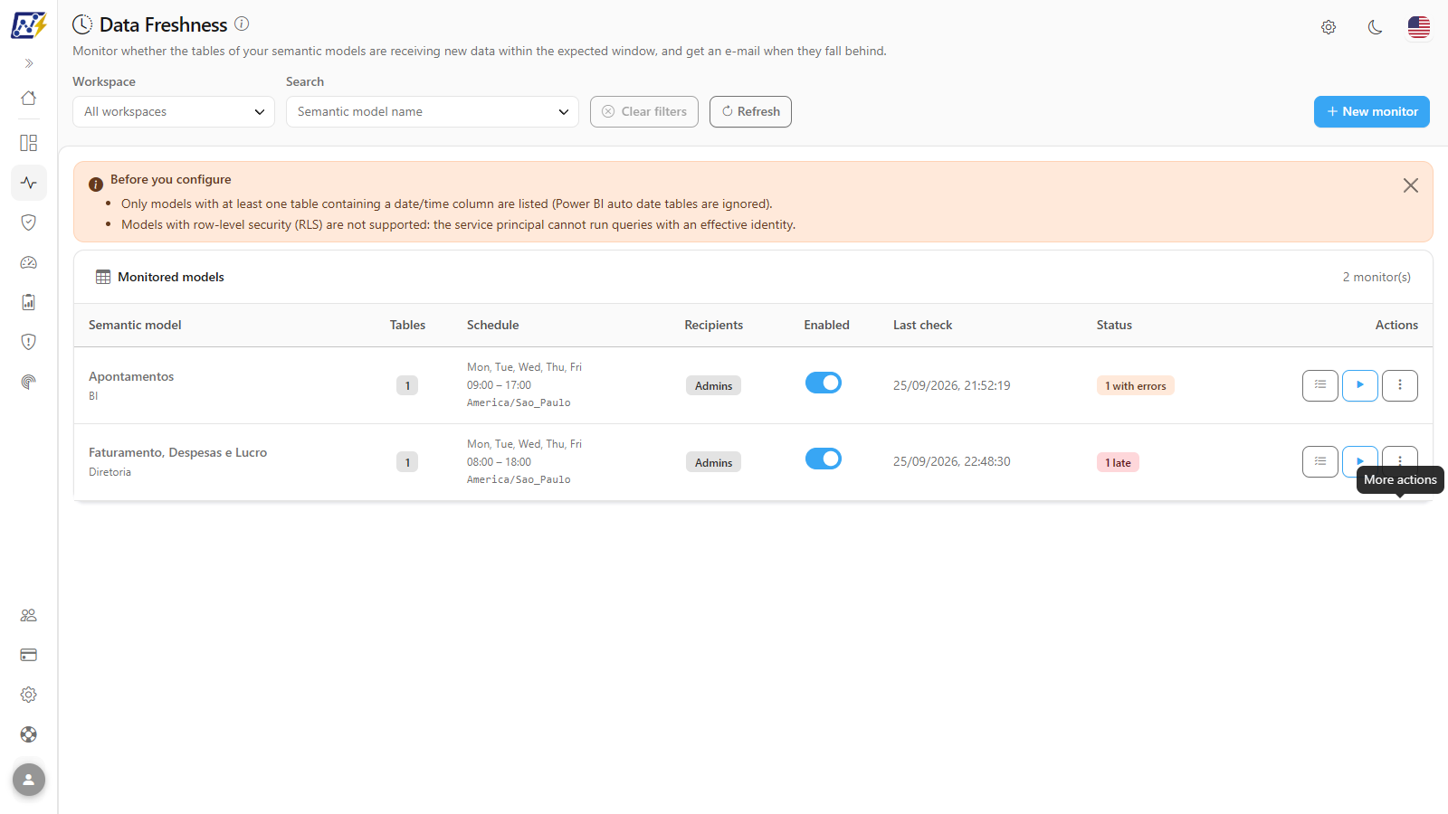 More actions menu open over a monitor row