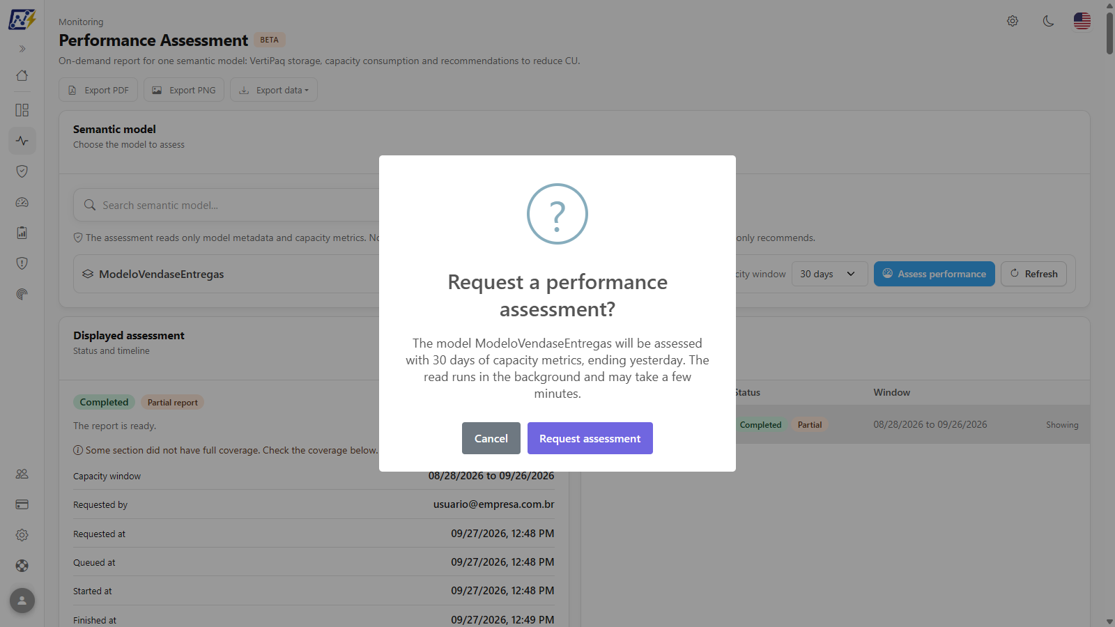Request a performance assessment confirmation dialog