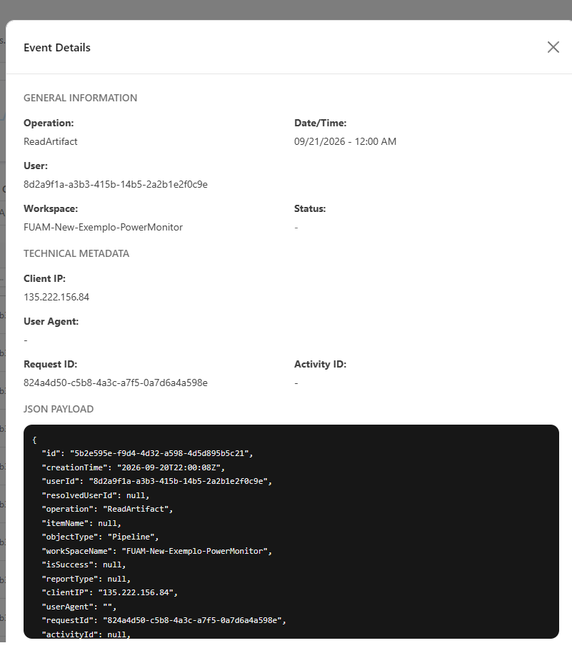 Event Details panel with general information, technical metadata, and JSON payload