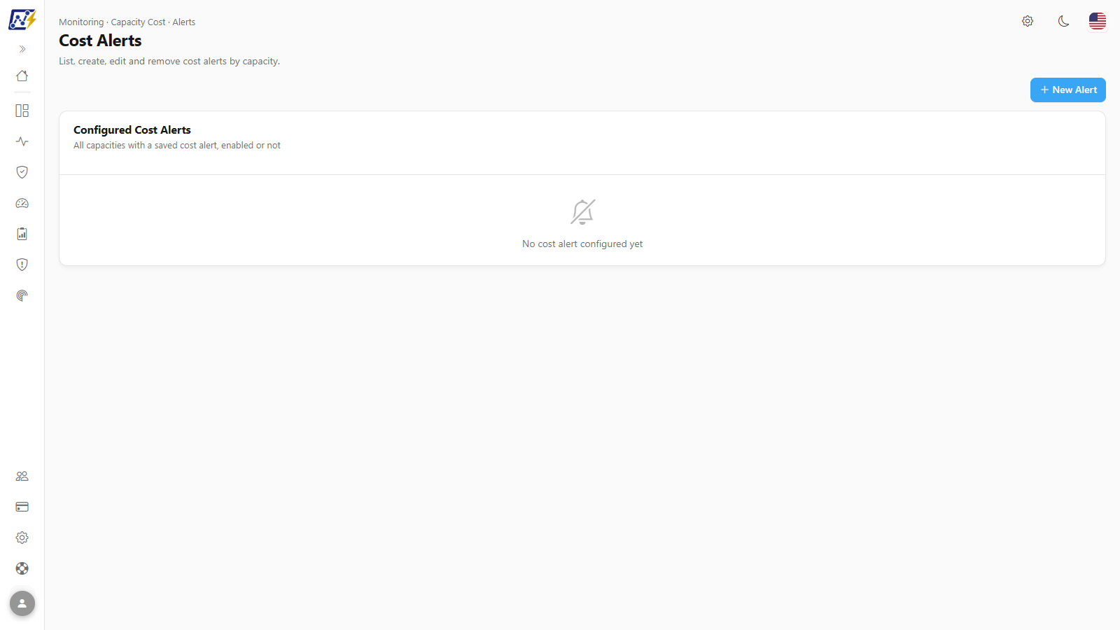 Cost Alerts page with the table of configured alerts