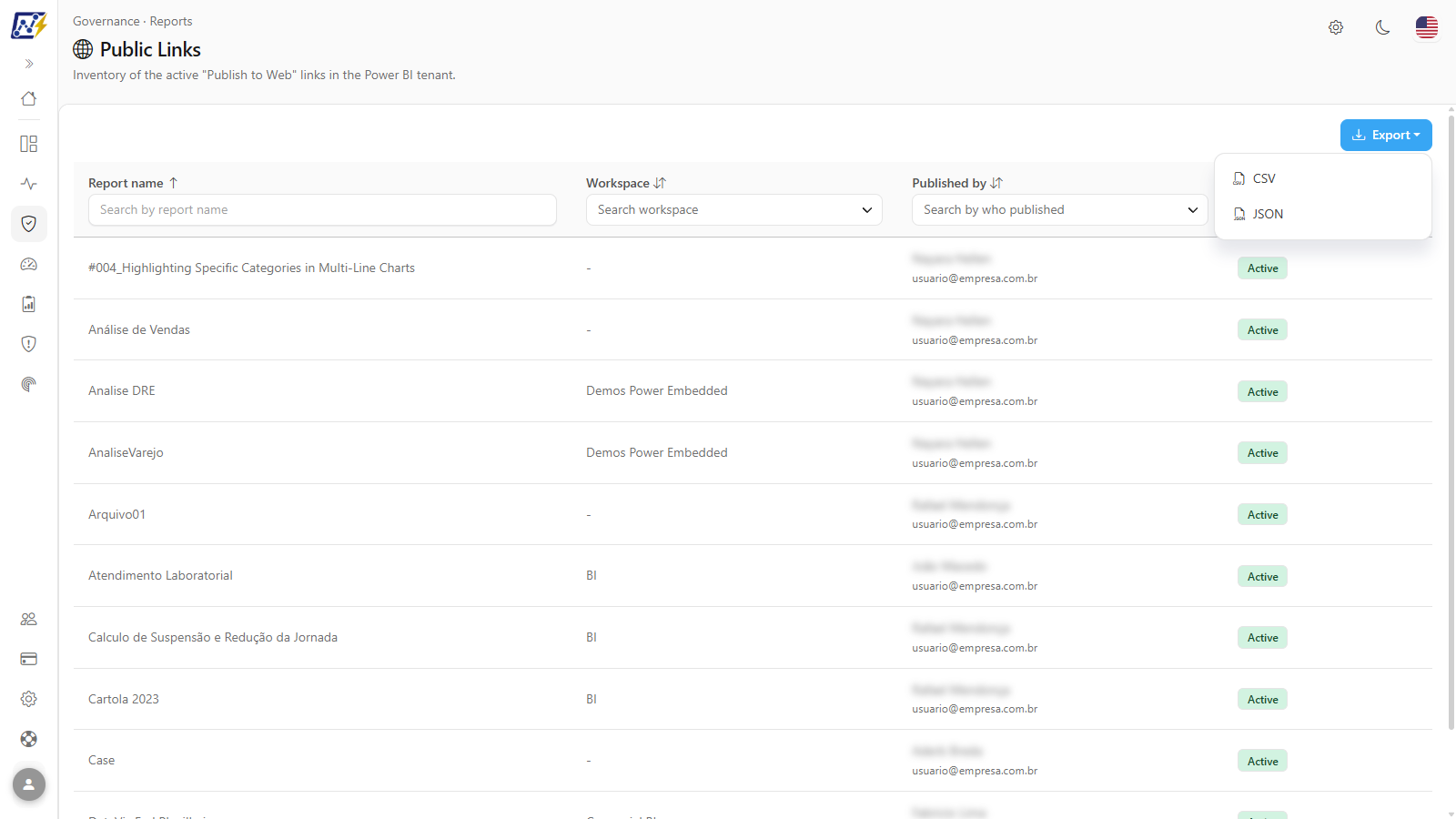 Export menu open with the CSV and JSON options